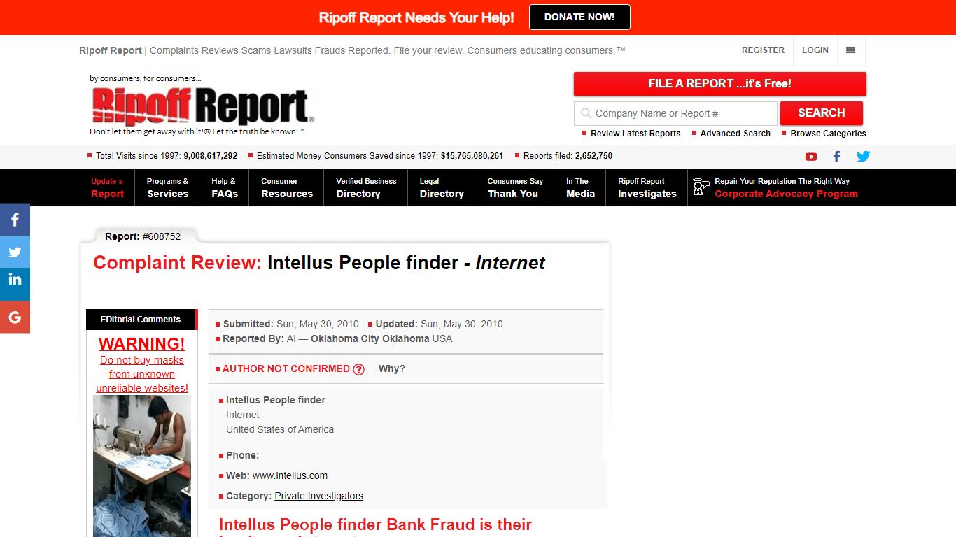 Ripoff Report | Intellus People finder Review - , Internet
